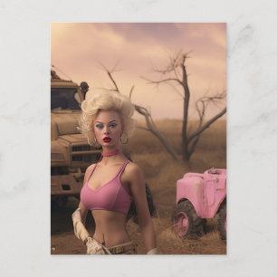 blonde doll in pink post apocalyptic  postcard