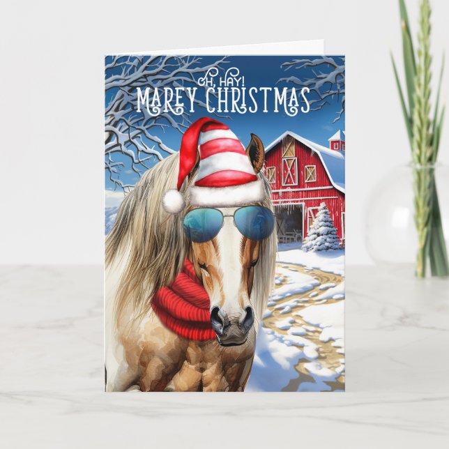 Blonde Draught Horse Funny MAREy Christmas Holiday Card (Front)