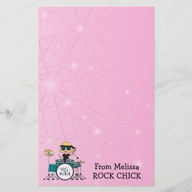 Blonde Drummer Girl with Stars on Pink Stationery (Front)