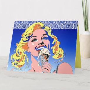 Blonde Eating Ice Cream Colourful 60s Pop Art Styl Card