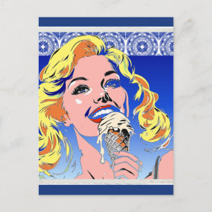 Blonde Eating Ice Cream Colourful 60s Pop Art Styl Postcard