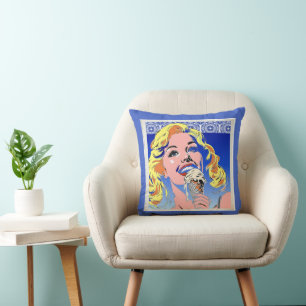 Blonde Eating Ice Cream Colourful 60s Pop Art Styl Throw Pillow