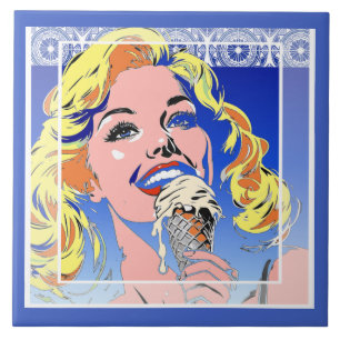 Blonde Eating Ice Cream Colourful 60s Pop Art Styl Tile