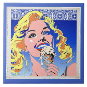 Blonde Eating Ice Cream Colourful 60s Pop Art Styl Tile