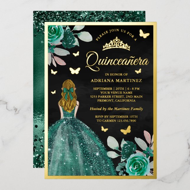 Blonde Emerald Dress Butterfly Quinceanera Gold (Front/Back)