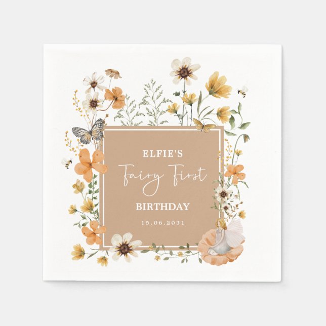Blonde Fairy Fall Wildflower 1st Birthday Party Napkin (Front)