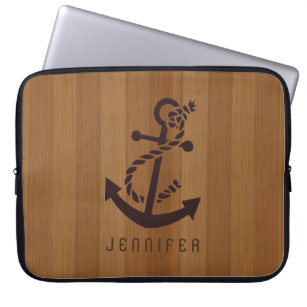Blonde Faux Wood & Brown Nautical Anchor Laptop Sleeve