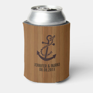 Blonde Faux Wood Stripes Nautical Anchor Can Cooler