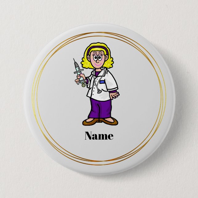Blonde Female Doctor with Syringe Name Button (Front)