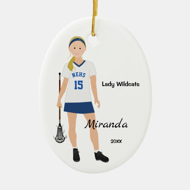 Blonde Female Lacrosse Player In Blue And White Ceramic Ornament (Front)