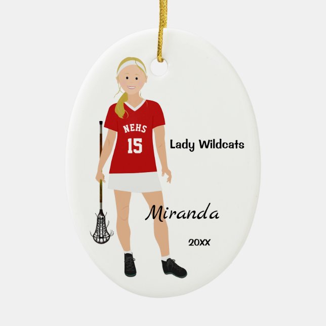 Blonde Female Lacrosse Player In Red And White Ceramic Ornament (Front)