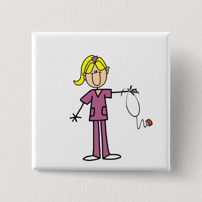 Blonde Female Stick Figure Nurse 2 Inch Square Button (Front)