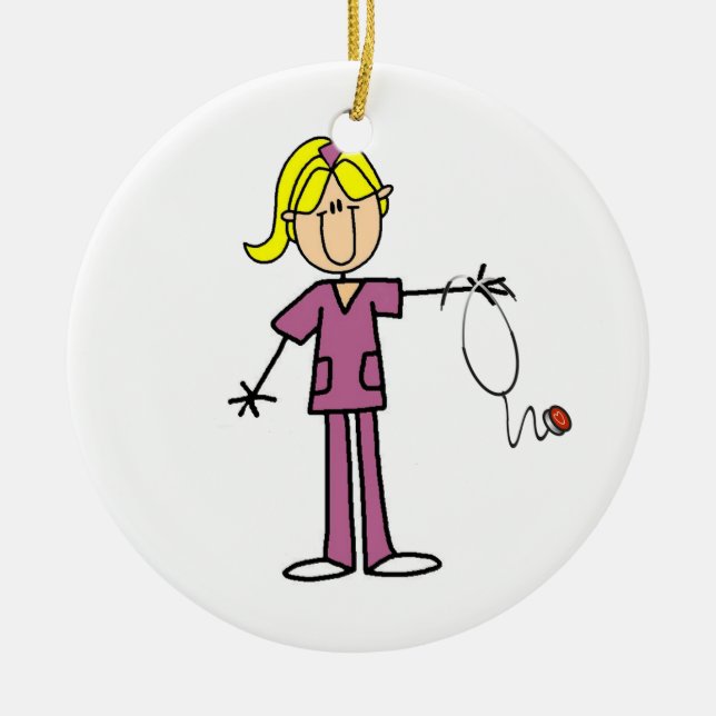 Blonde Female Stick Figure Nurse Ceramic Ornament (Front)