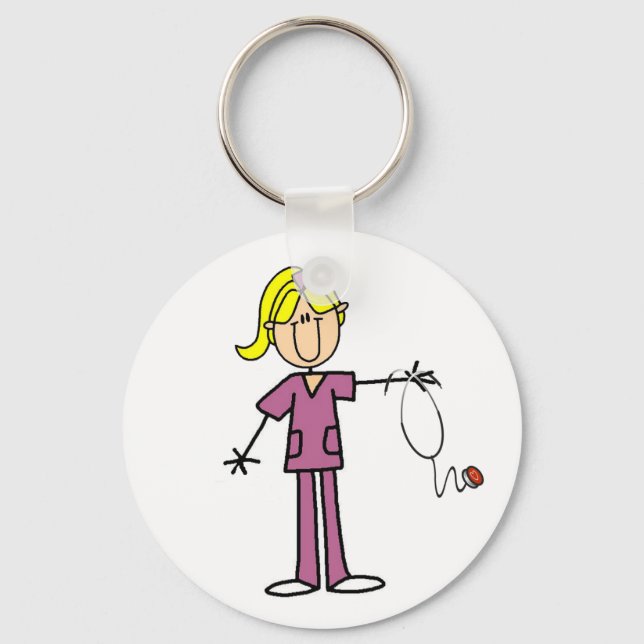 Blonde Female Stick Figure Nurse T-shirts Keychain (Front)