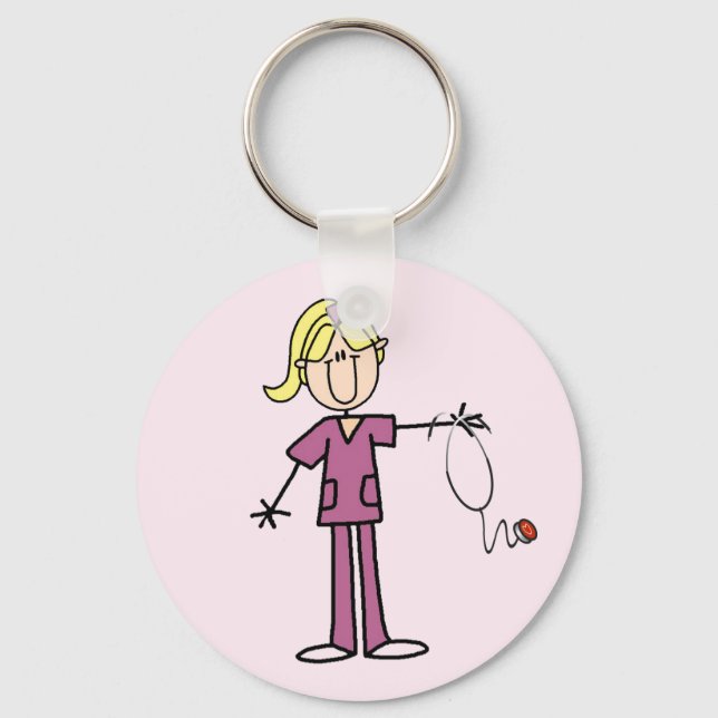 Blonde Female Stick Figure Nurse T-shirts Keychain (Front)