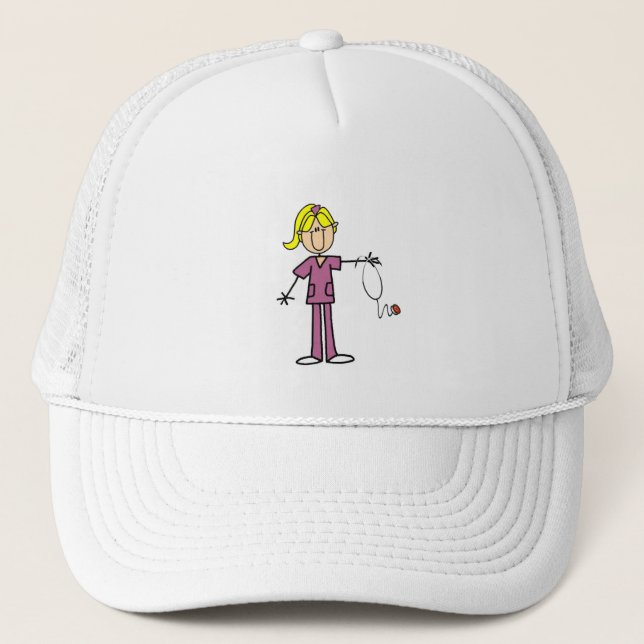 Blonde Female Stick Figure Nurse T-shirts Trucker Hat (Front)