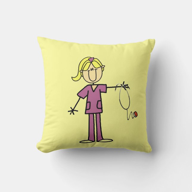 Blonde Female Stick Figure Nurse Throw Pillow (Front)