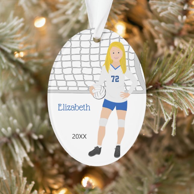 Blonde féminine de volley-ball en bleu et blanc (Arbre)