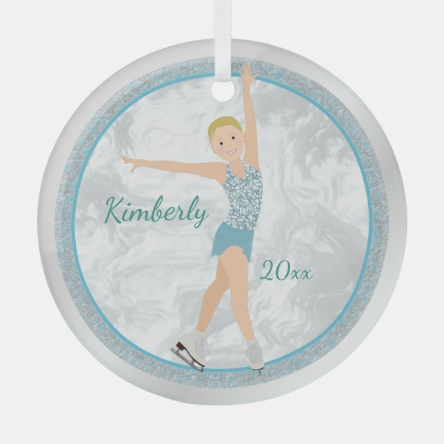 Blonde Figure Skater In Aqua Glass Ornament (Front)