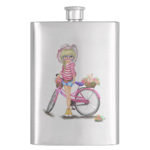 Blonde Flask with Pink Bike and Cat in Flowers