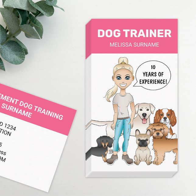 Blonde Girl And Dogs Personalizable Dog Trainer Business Card (Cute, girly and fun business card design for people working in dog related jobs.)