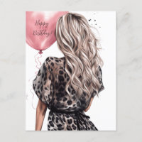 Blonde girl back pink balloon leopard dress