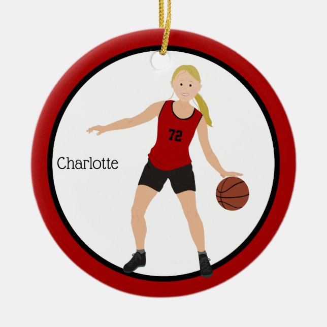 Blonde Girl Basketball Player In Red And Black Ceramic Ornament (Front)