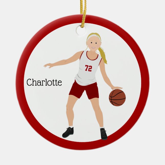 Blonde Girl Basketball Player In Red And White Ceramic Ornament (Front)