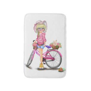Blonde Girl Bath Mat with Pink Bike