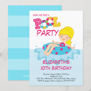 Blonde Girl Birthday Summer Pool Party Invitation