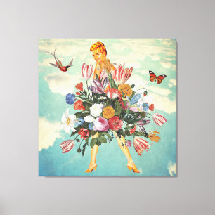 Blonde Girl Bouquet & Sky Retro Collage  Canvas Print