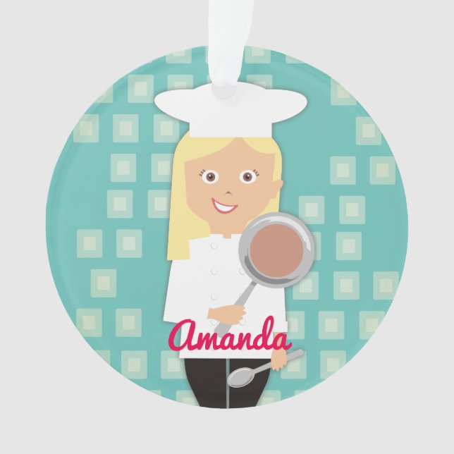 Blonde girl chef hat frying pan personalized ornament (Front)