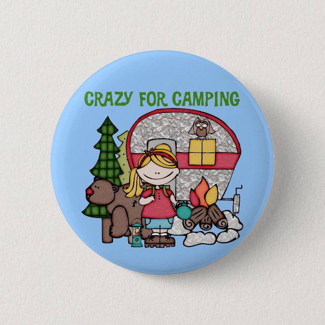 Blonde Girl Crazy For Camping 2 Inch Round Button (Front)