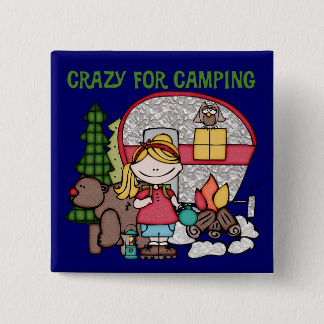 Blonde Girl Crazy For Camping 2 Inch Square Button (Front)
