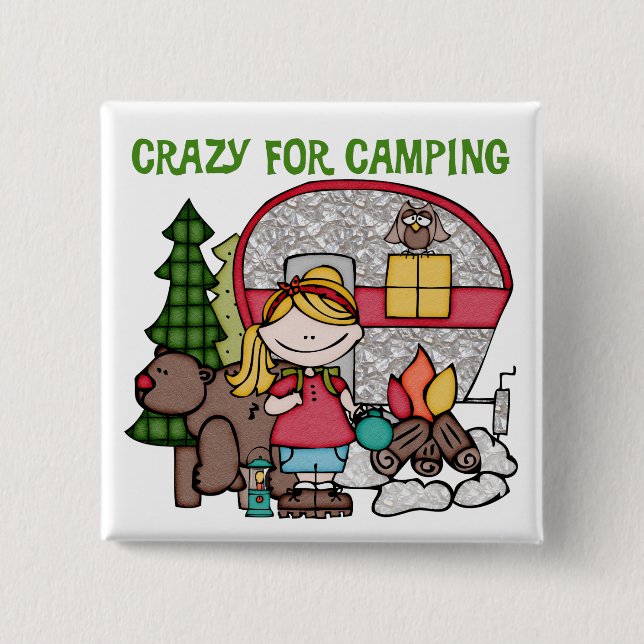 Blonde Girl Crazy For Camping 2 Inch Square Button (Front)