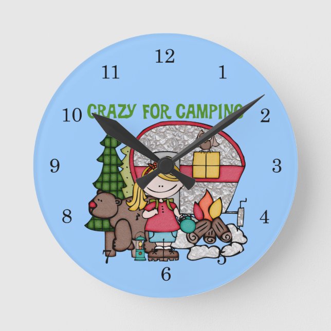 Blonde Girl Crazy For Camping Round Clock (Front)
