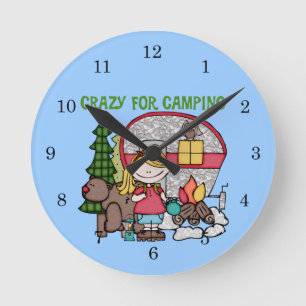 Blonde Girl Crazy For Camping Round Clock