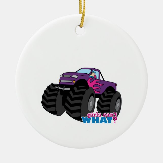 Blonde Girl Driving Purple Monster Truck Ceramic Ornament (Front)