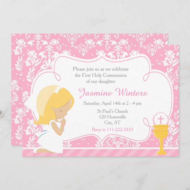 Blonde Girl First Communion Damask Invitation (Front/Back)