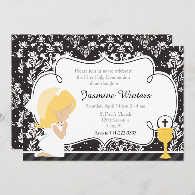 Blonde Girl First Communion Damask Invitation (Front/Back)