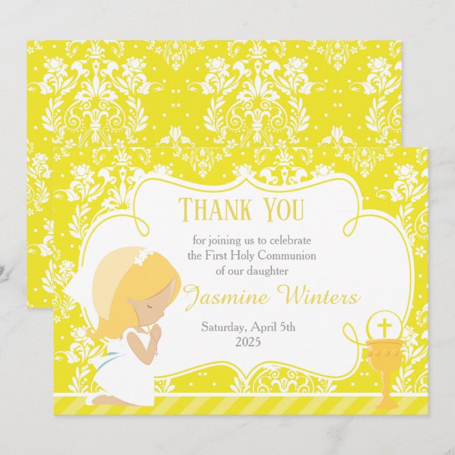 Blonde Girl First Communion Damask Thank You Card (Front/Back)
