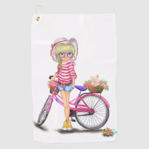 Blonde Girl Golf Towel with Pink Bike