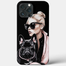 Blonde girl in sunglasses black French bulldog 