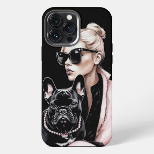 Blonde girl in sunglasses black French bulldog iPhone 13 Pro Max Case