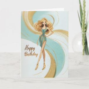 Blonde Girl in Teal Gold Glam Fashionista Birthday Card