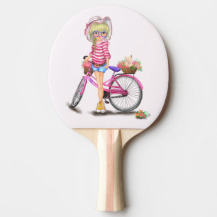 Blonde Girl Ping Pong Paddle with Pink Bike