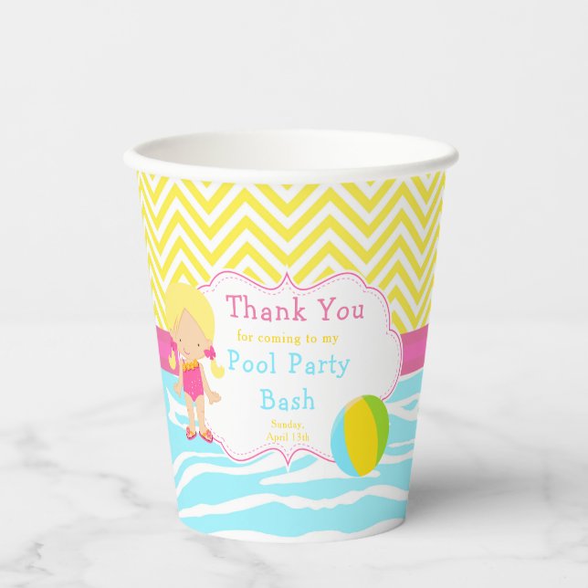 Blonde Girl Pool Party Bash Party Paper Cups (Front)