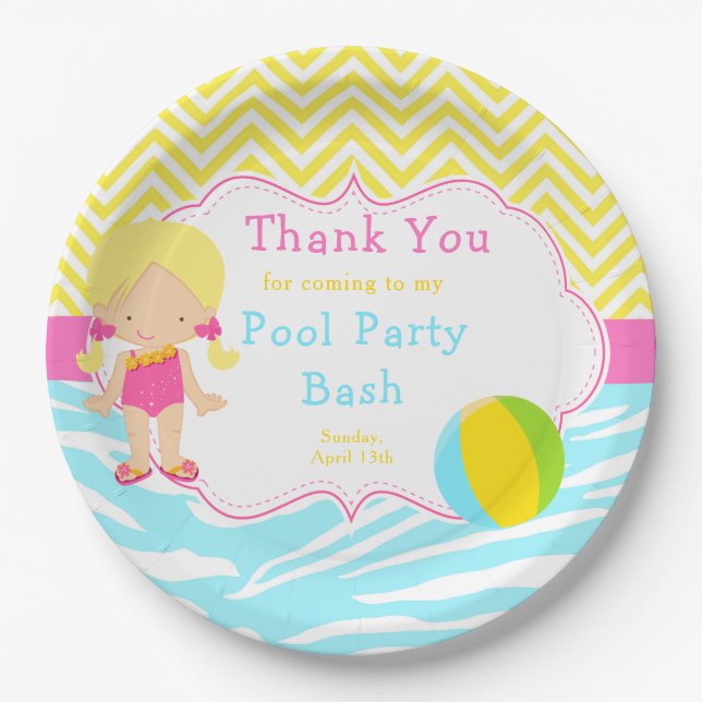 Blonde Girl Pool Party Bash Party Paper Plate (Front)