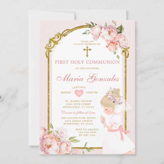 Blonde Girl Praying Floral First Holy Communion Invitation (Front)