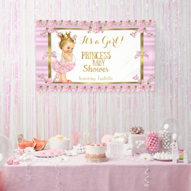 Blonde Girl Princess Baby Shower Pink Gold Tutu Banner (Party)